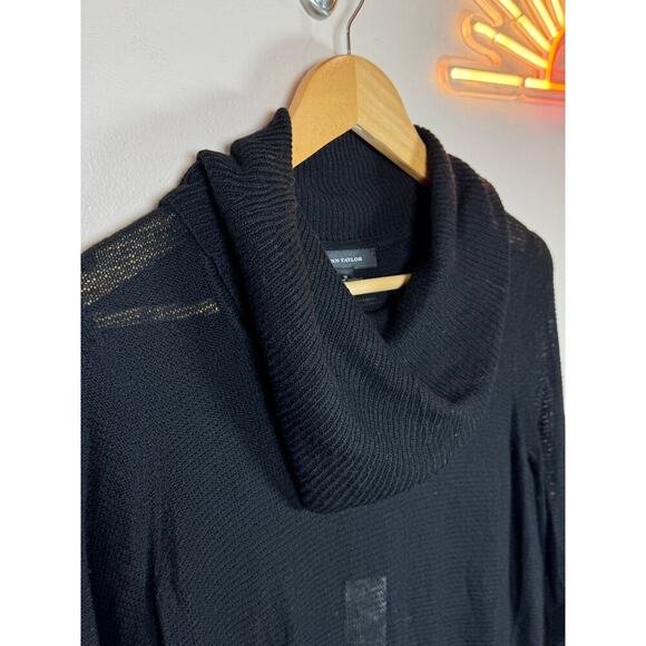 NWT Ann Taylor Cowl Neck Asymmetrical Hem Open Knit Lightweight Black Sweater M - Picture 2 of 9